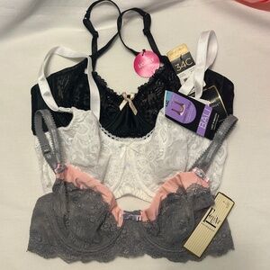 NWT Lace Bras 3 Pack 34C Black White Grey Underwire Adjustable Classic Sexy